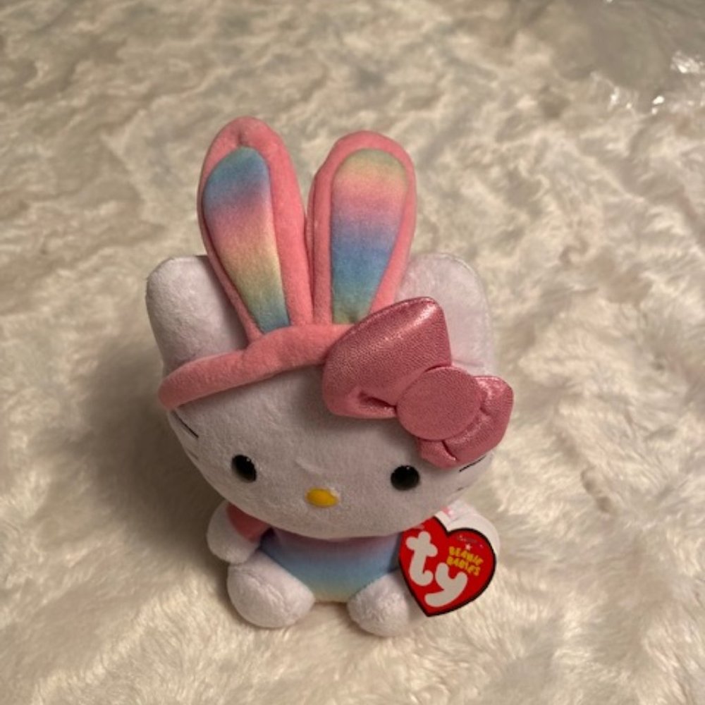 Ty Beanie Baby Hello Kitty Easter Bunny Ears Rainbow Pastel Colours NWT Rare